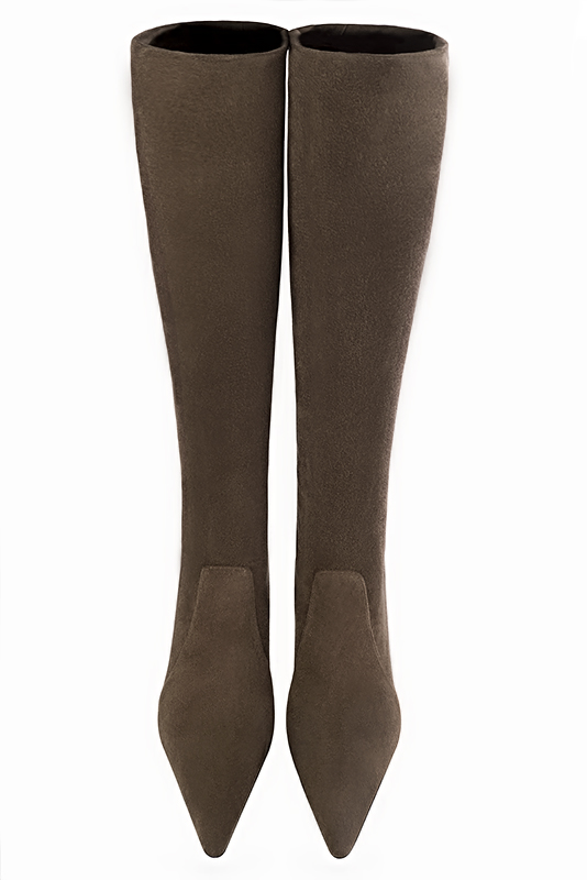 Chocolate brown women's feminine knee-high boots. Pointed toe. Very high spool heels. Made to measure. Top view - Florence KOOIJMAN